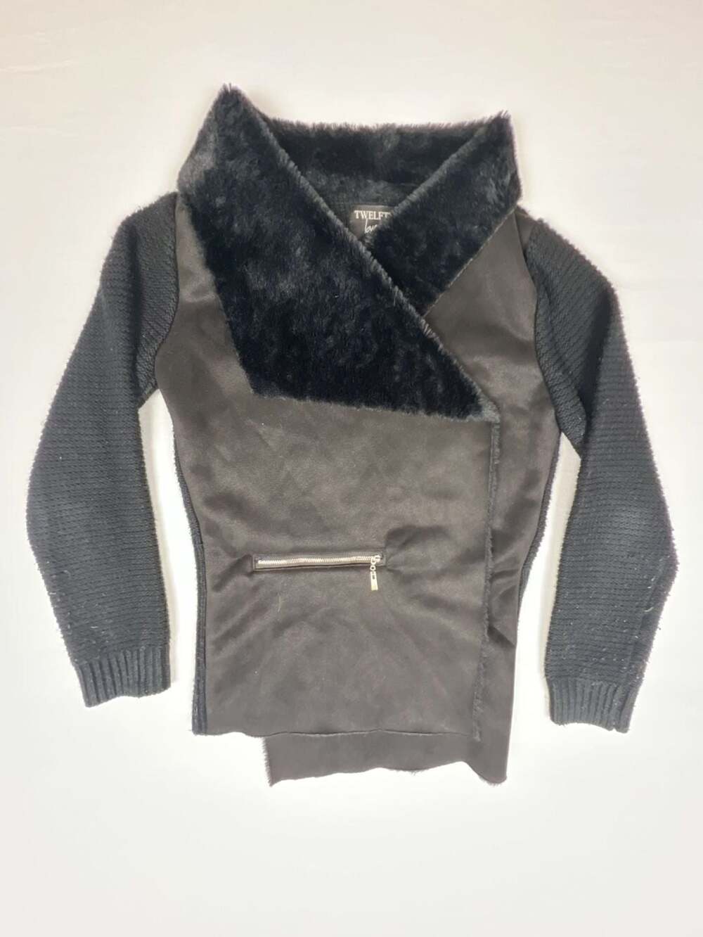 Twelfth Love Black Faux Fur & Suede Trimmed Ribbed Knit Cardigan Vest Size M